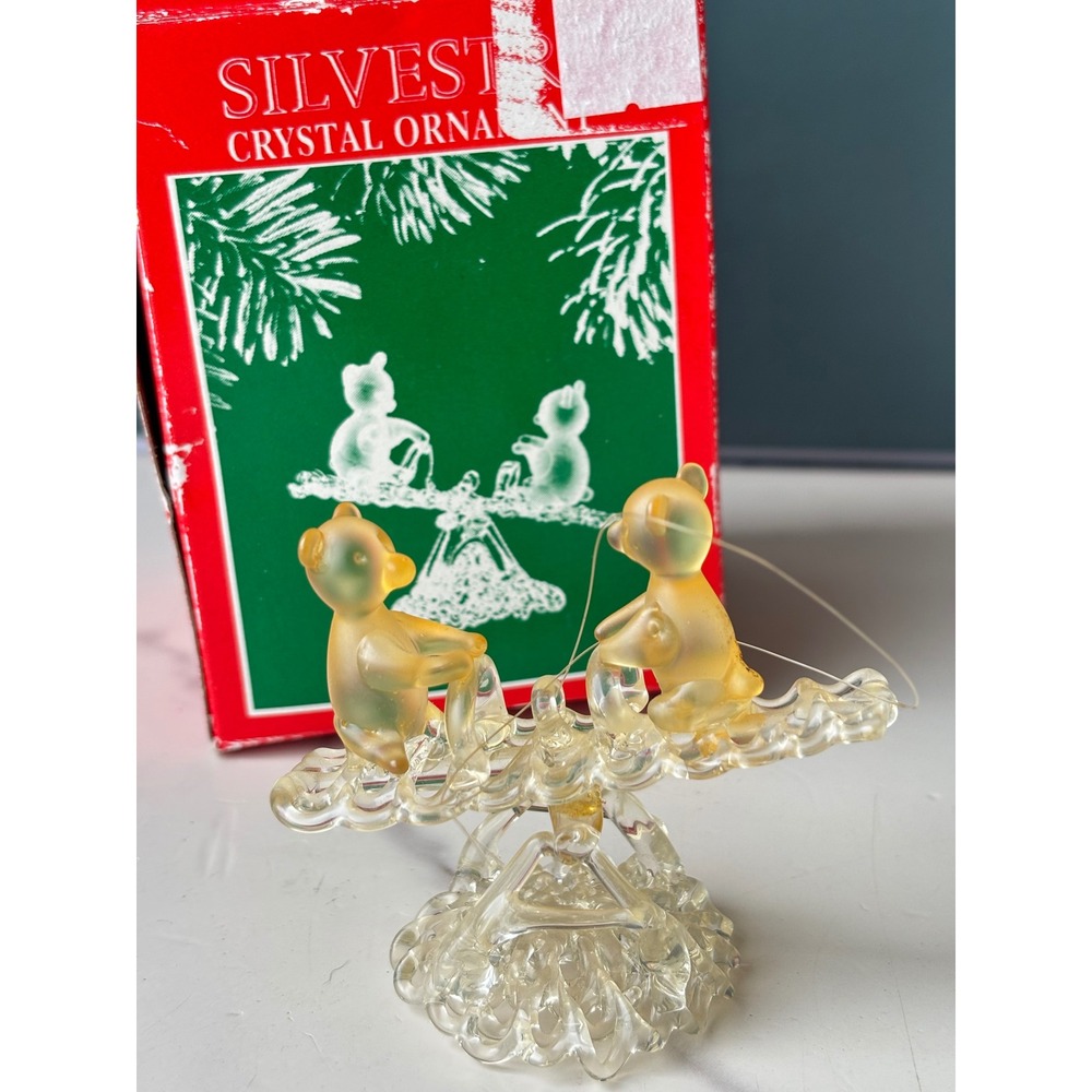 Silvestri Crystal Ornament Bears on Seesaw Spun Glass Figurine with Box